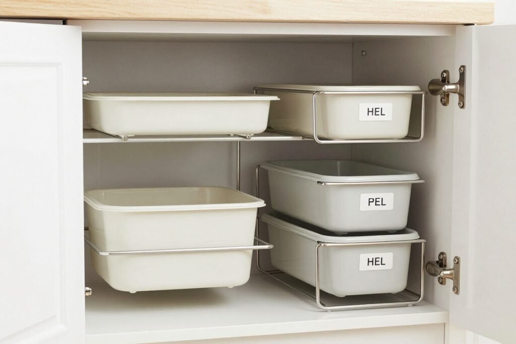 Inside of a cabinet with budget-friendly organization solutions