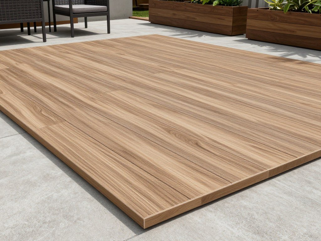 Interlocking plastic deck tiles on a budget patio with furniture