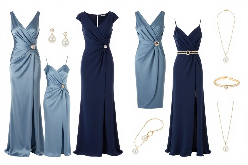 Jewelry pairings for different shades of blue wedding guest dresses