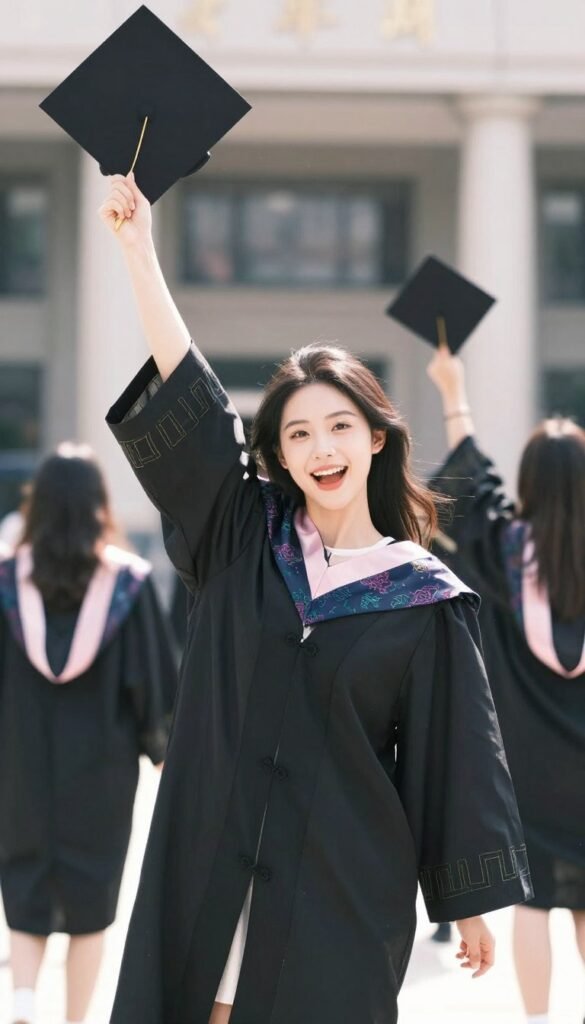 Joyful graduate celebrating in a beautiful graduation dress