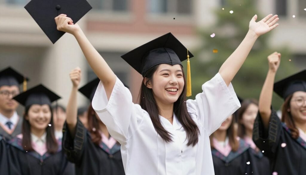 Joyful graduate in white dress celebrating with arms raised