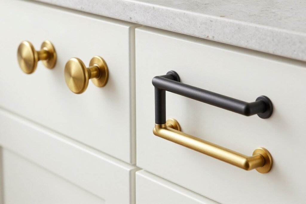 Kitchen cabinet hardware transformation showing before with dated knobs and after with modern pulls in a budget kitchen makeover