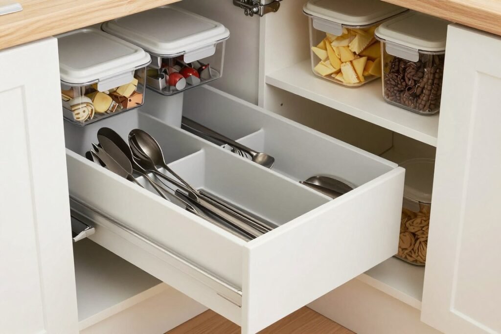 Kitchen cabinet with drawer organizers and pull-out shelves in a budget kitchen makeover