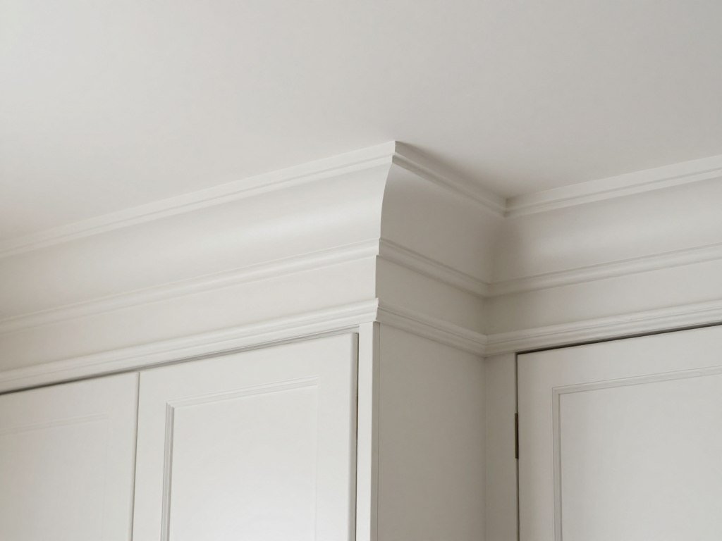 Kitchen cabinets with crown molding added to the top in a budget kitchen makeover