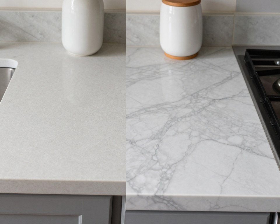 Kitchen countertop transformation using marble-look contact paper in a budget kitchen makeover