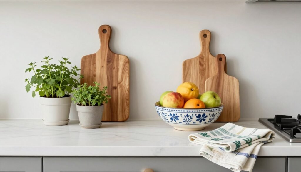 Kitchen styled with plants, cutting boards, and decorative accessories in a budget kitchen makeover
