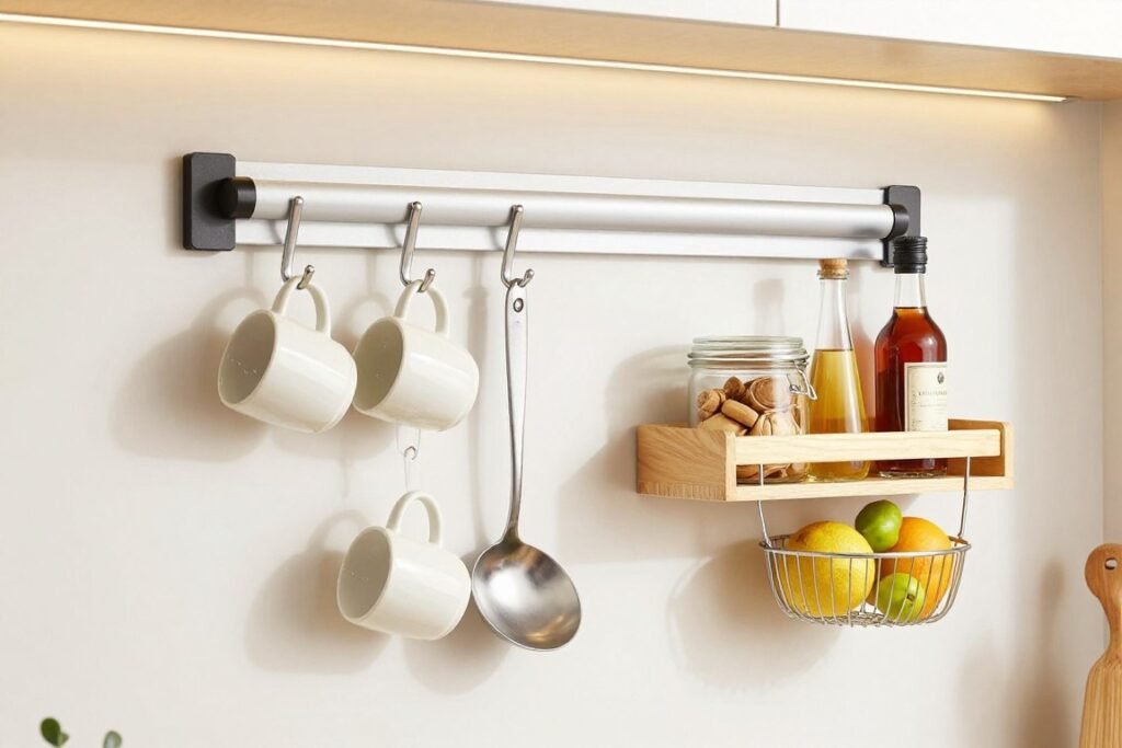 Kitchen wall with vertical storage solutions including hooks, magnetic strips, and small shelves