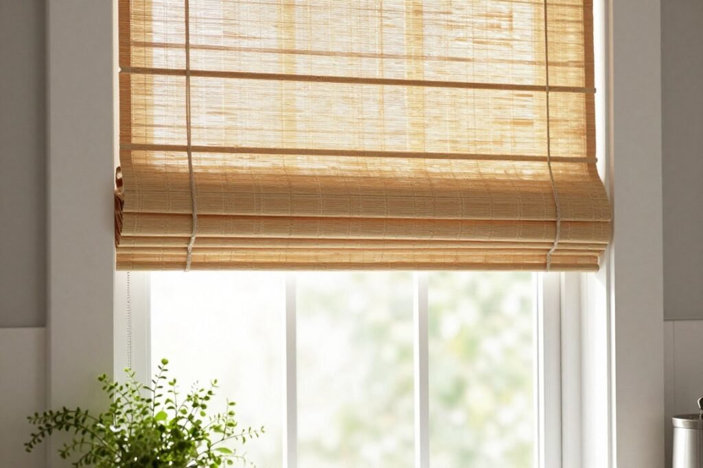 Kitchen window with new Roman shade in a budget kitchen makeover