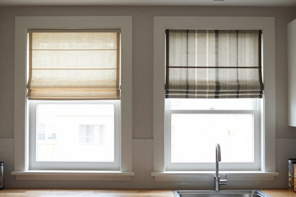 Kitchen window with updated window treatment showing before and after