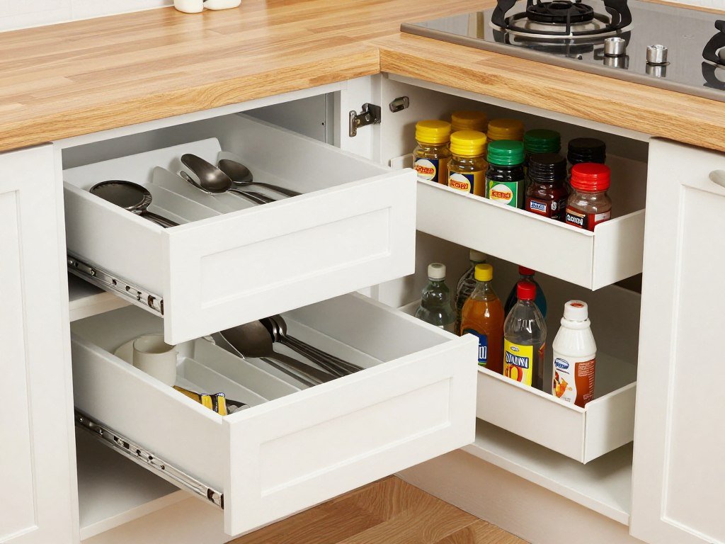 Kitchen with budget-friendly organization solutions including drawer dividers and cabinet organizers