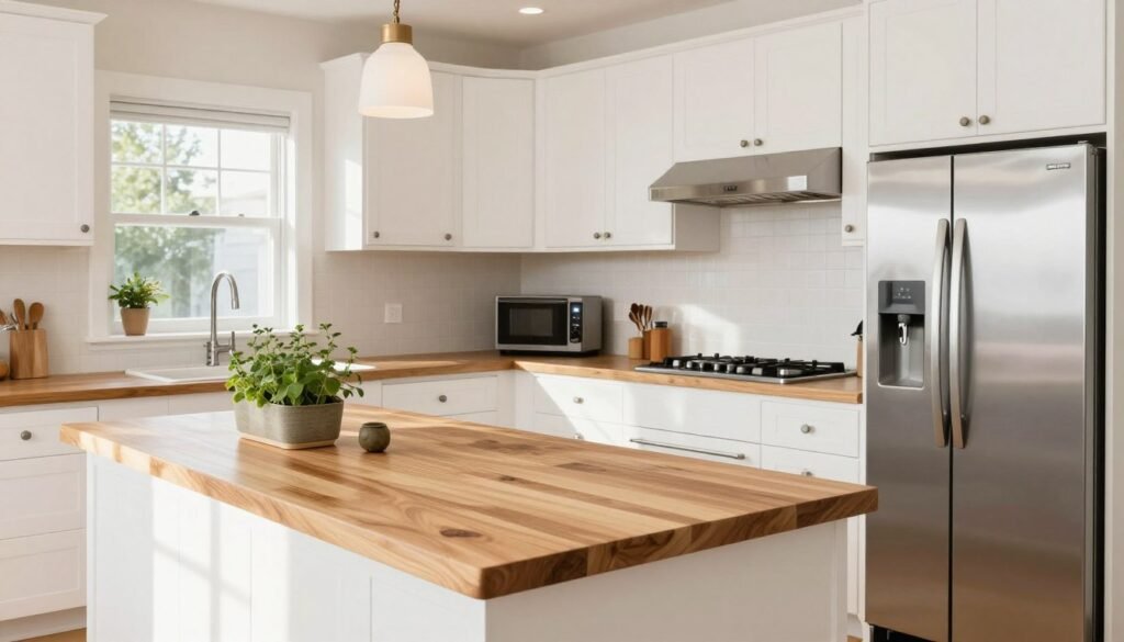 Kitchen with butcher block countertops and white cabinets