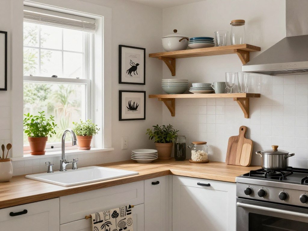 Kitchen with decorative elements including plants, artwork, and styled open shelving