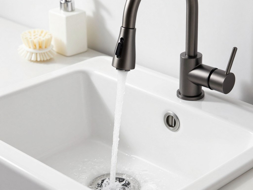 Kitchen with new farmhouse sink and modern faucet in a budget kitchen makeover