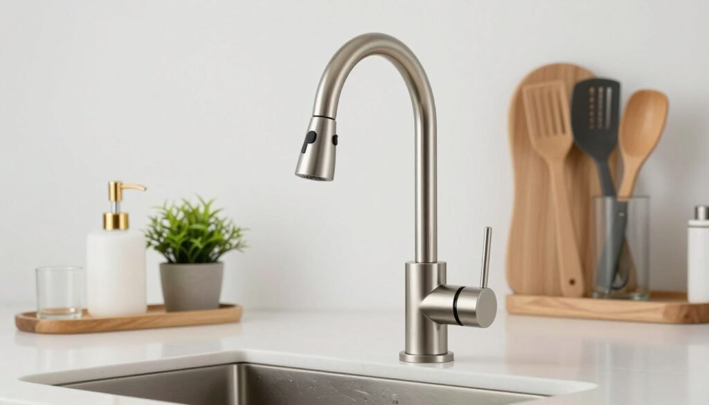 Kitchen with new faucet and organized accessories