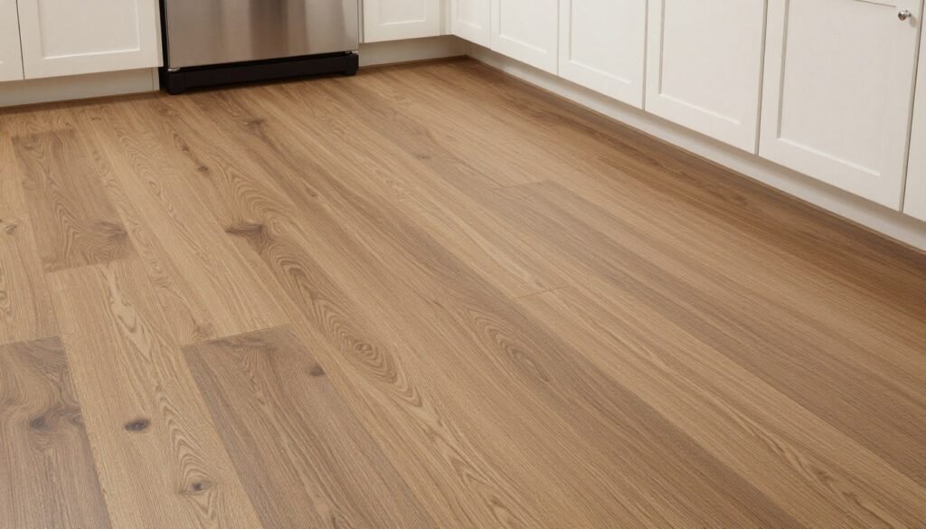 Kitchen with new vinyl plank flooring in a budget kitchen makeover