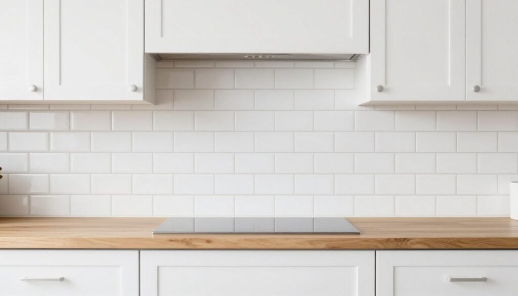 Kitchen with newly installed peel and stick subway tile backsplash in a budget kitchen makeover