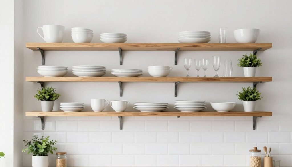 Kitchen with open shelving displaying dishes and plants in a budget kitchen makeover