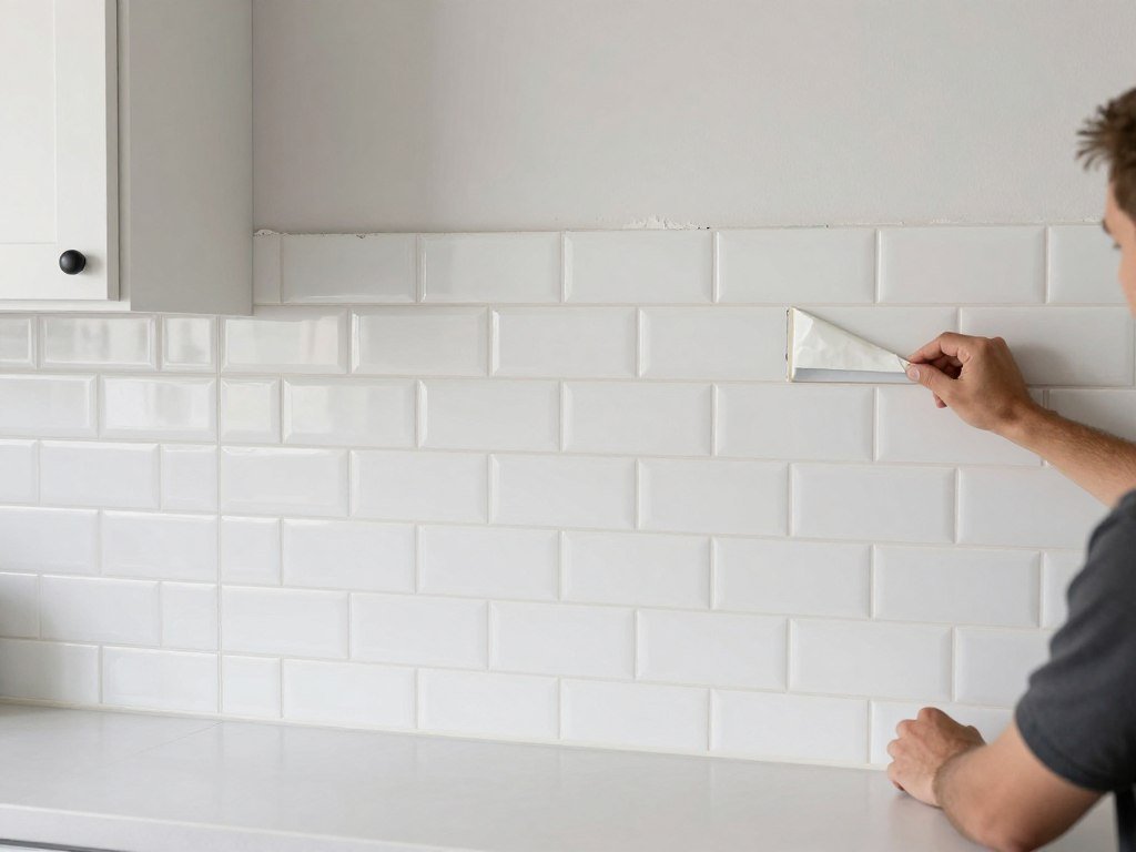 Kitchen with peel-and-stick backsplash tiles in a subway tile pattern