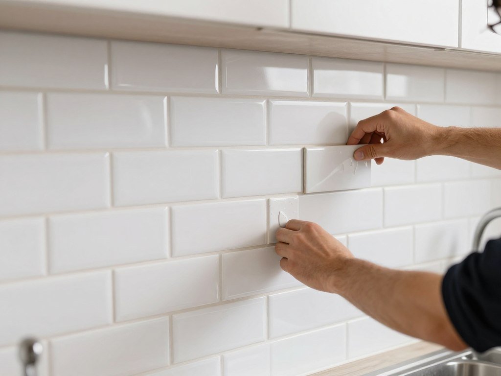 Kitchen with peel and stick subway tile backsplash being installed