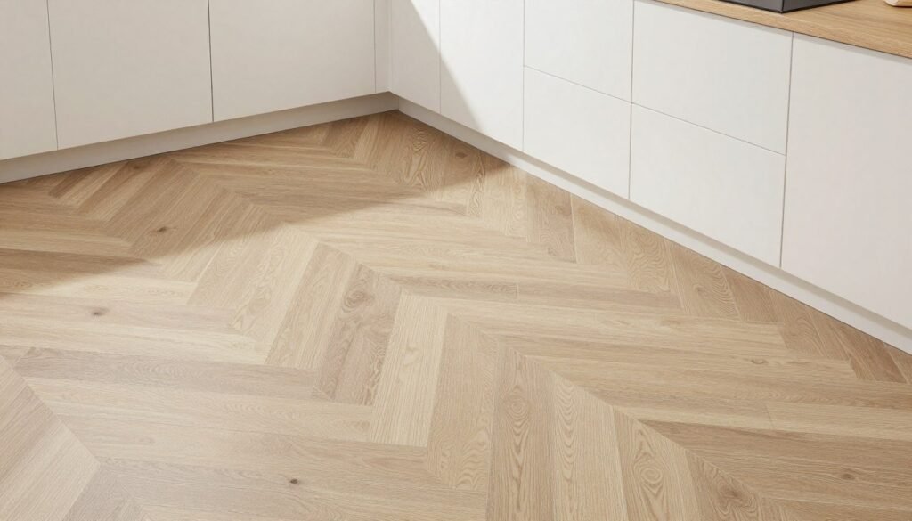 Kitchen with peel-and-stick vinyl floor tiles in a modern pattern