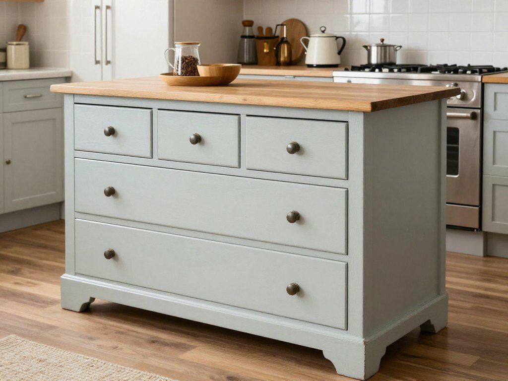 Kitchen with repurposed furniture as an island in a budget kitchen makeover