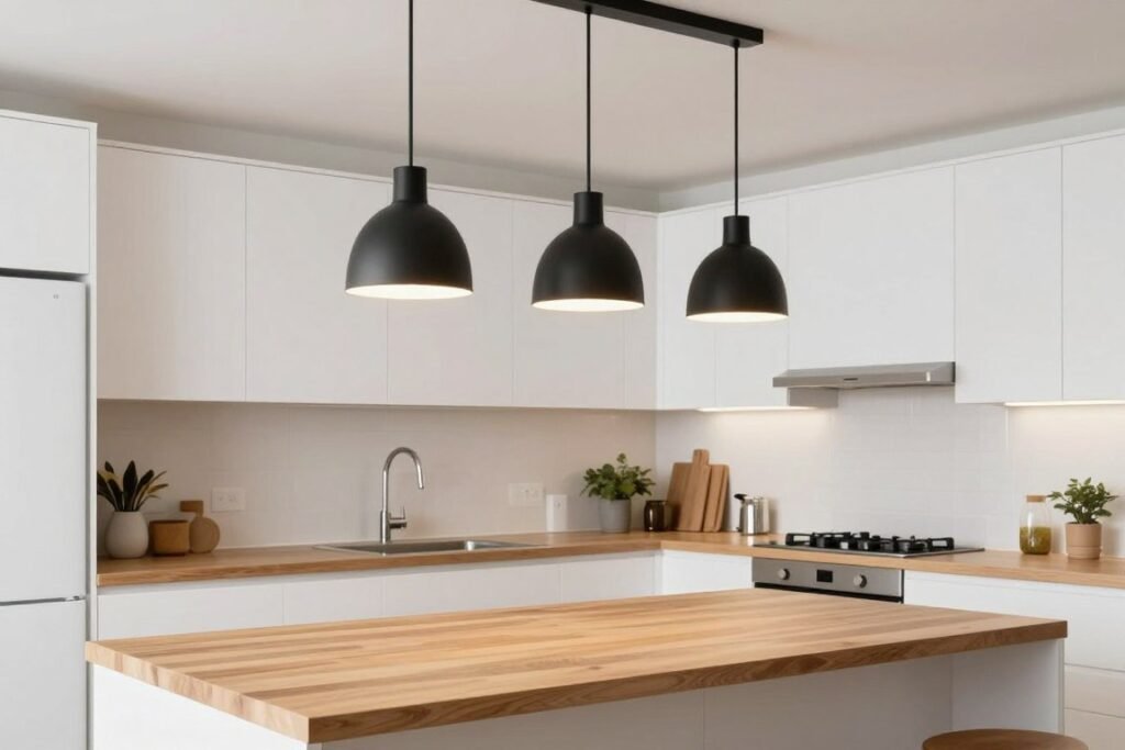 Kitchen with updated pendant lights over island