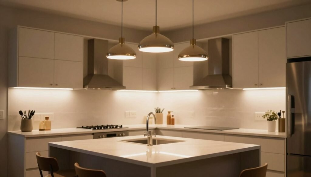 Kitchen with updated pendant lights over island and under-cabinet lighting