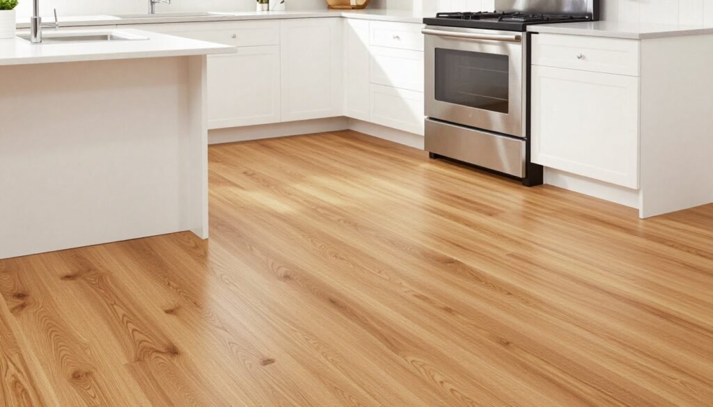 Kitchen with vinyl plank flooring that looks like wood