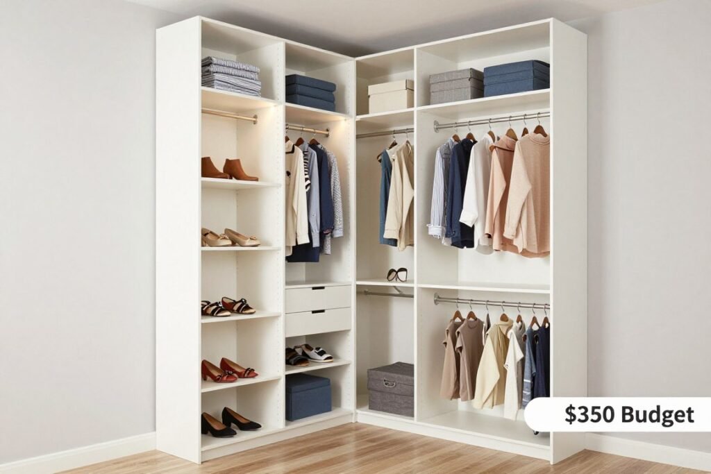 L-shaped walk-in closet makeover showing efficient use of corner space on a $350 budget L-shaped walk-in closet makeover showing efficient use of corner space on a $350 budget