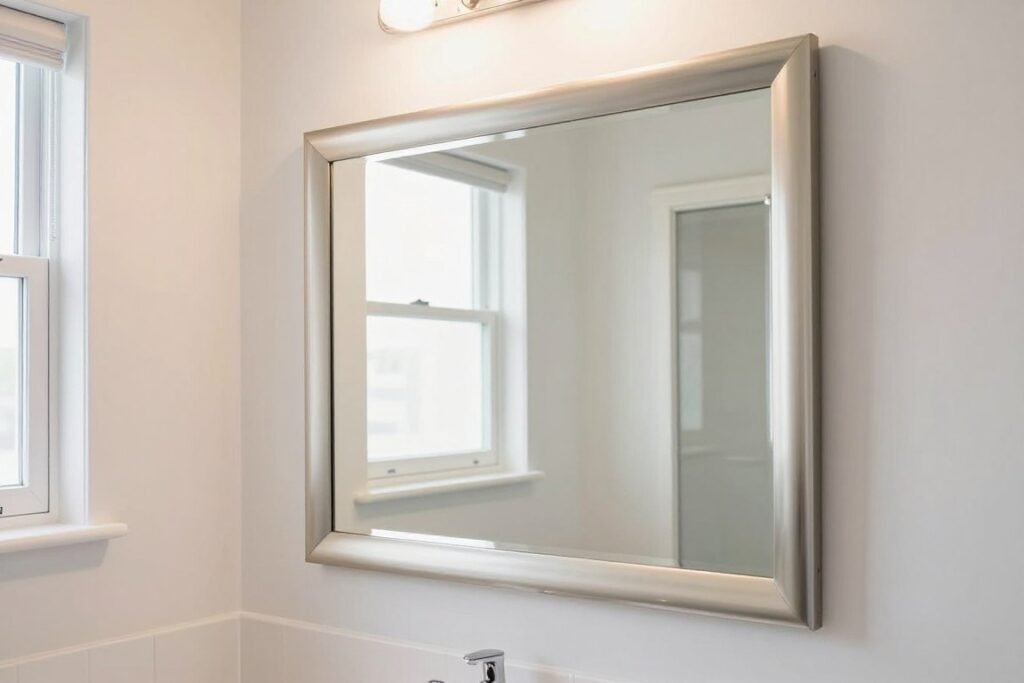 Large framed mirror in a small bathroom creating the illusion of more space