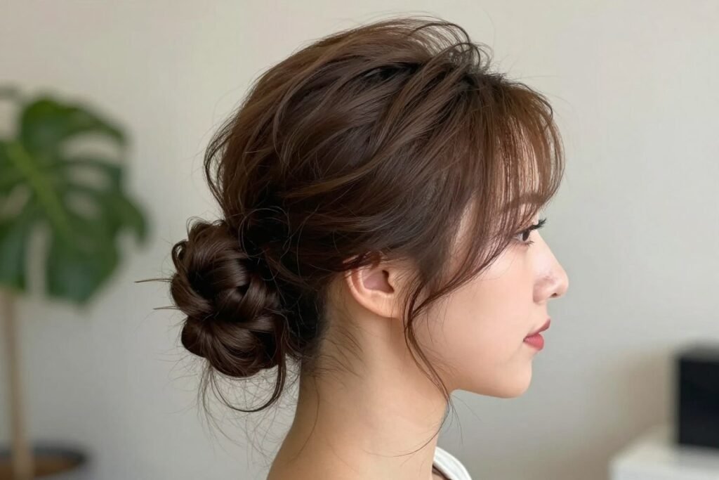 Low messy bun for medium length hair