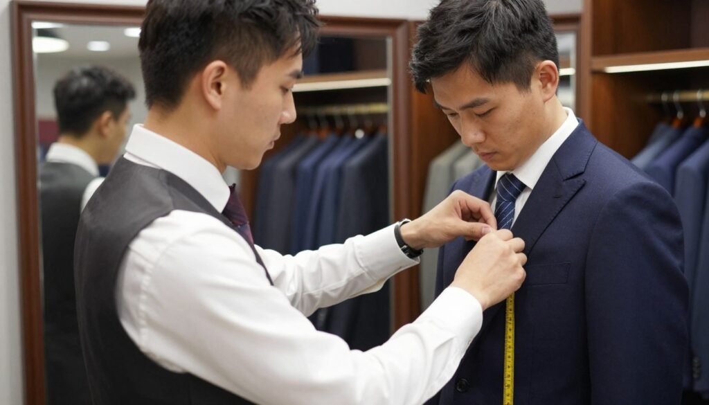 Man being fitted for a wedding guest outfit with tailor making adjustments