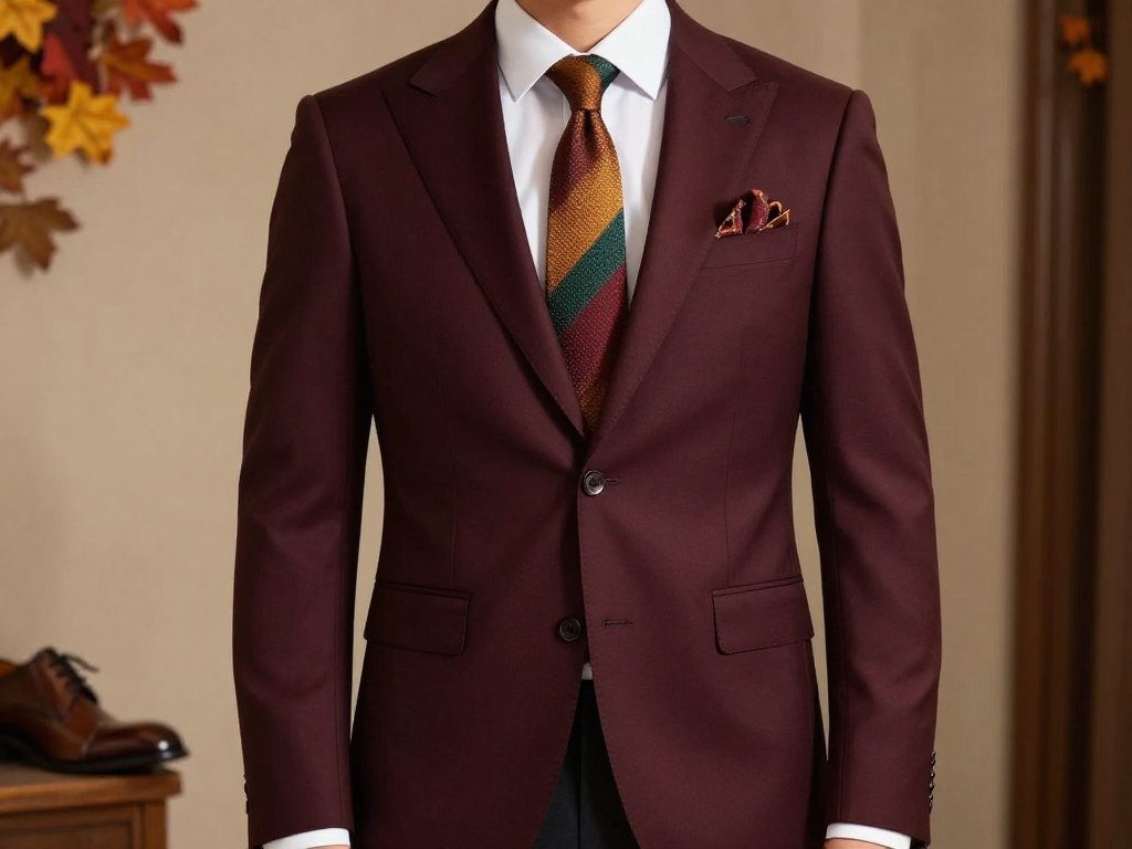 Man dressed in fall wedding guest attire with rich colors and layered look