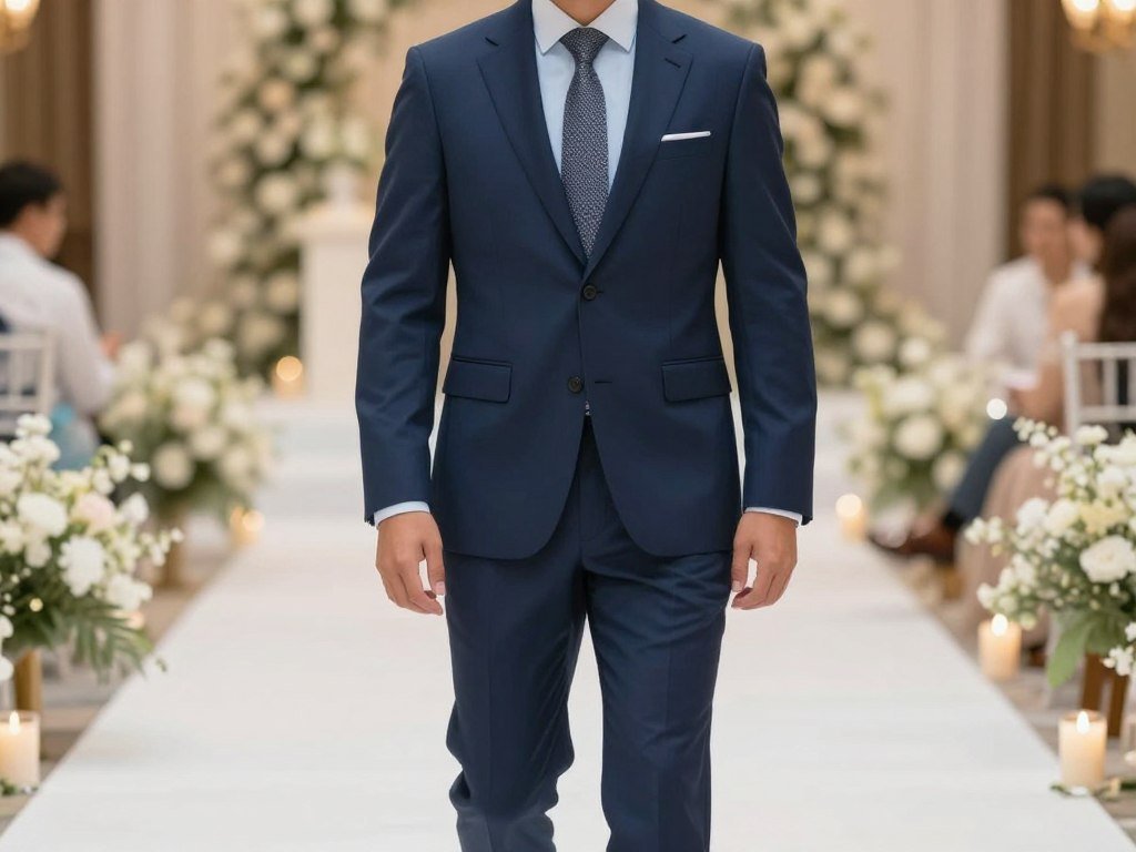 Man in a navy blue suit appropriate for cocktail attire at a wedding