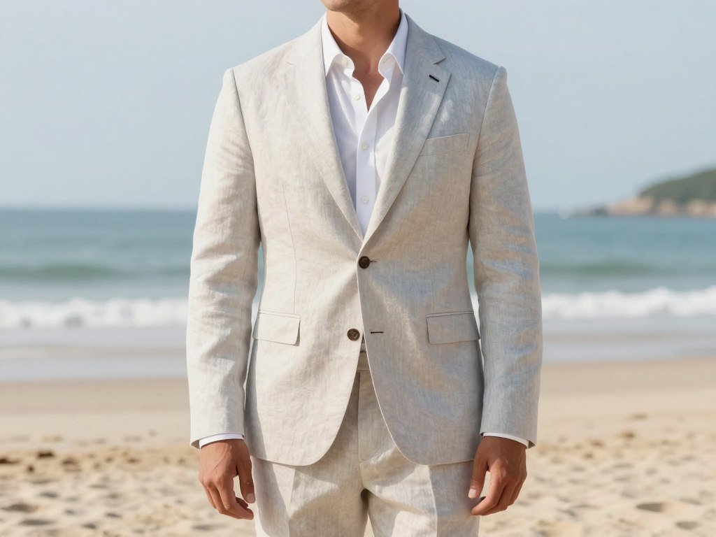 Man in beach wedding guest attire featuring light colors and breathable fabrics