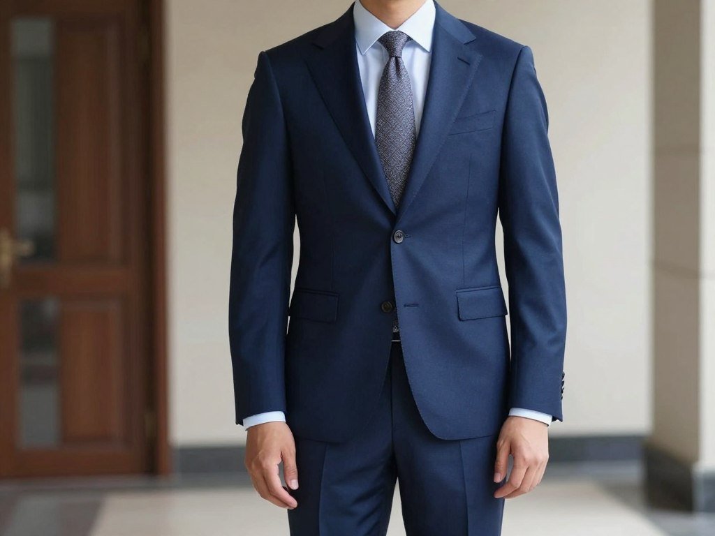Man in cocktail attire for a wedding featuring a navy suit with patterned tie