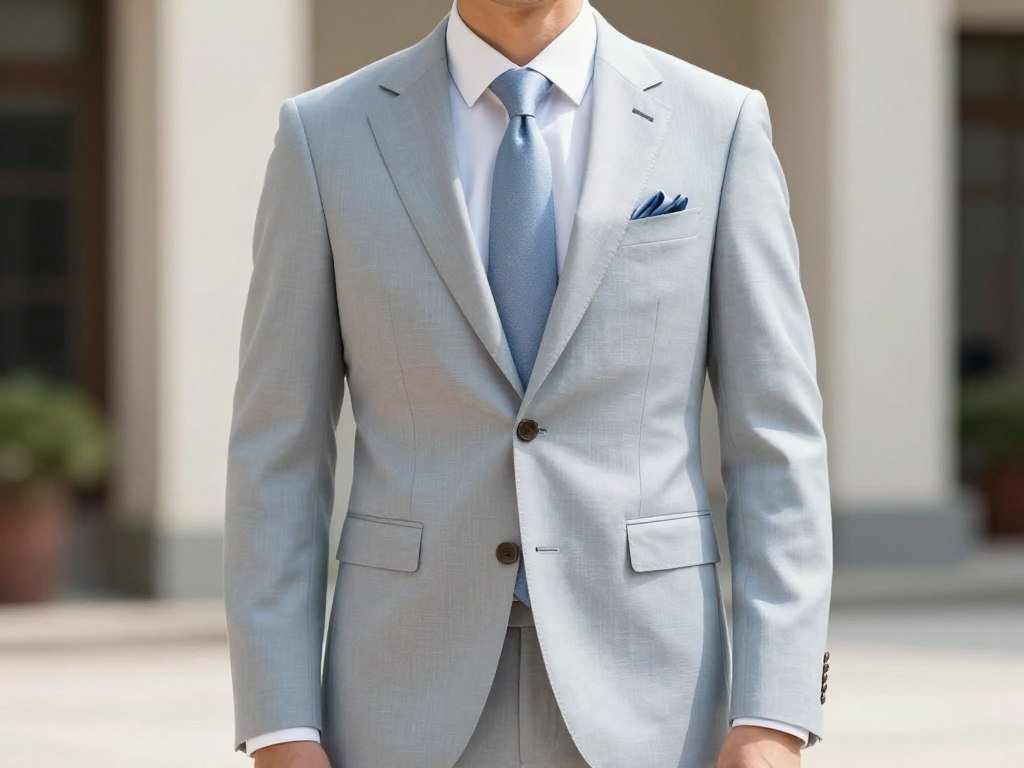 Man in daytime wedding guest outfit featuring lighter colors and appropriate accessories