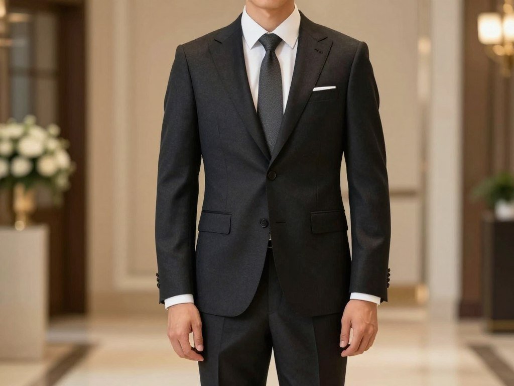 Man in formal wedding guest attire for upscale venue with dark suit and formal accessories