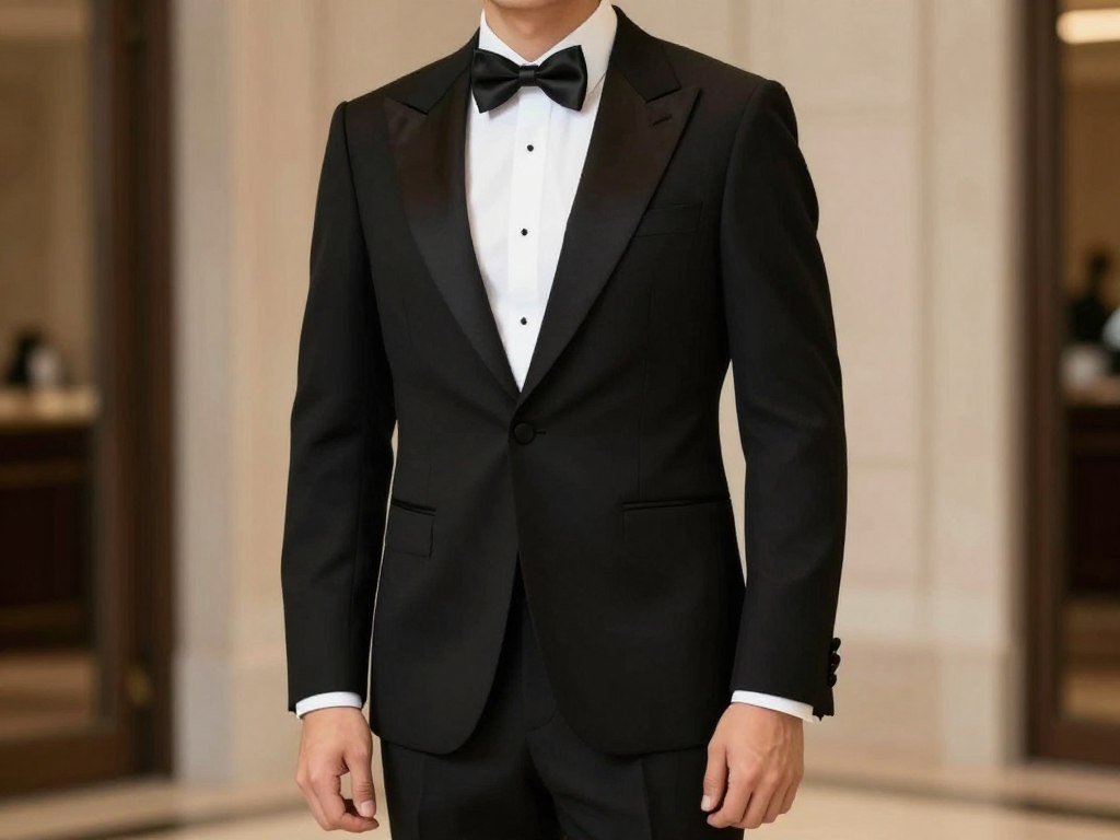 Man wearing classic tuxedo with bow tie representing formal wedding guest attire for men