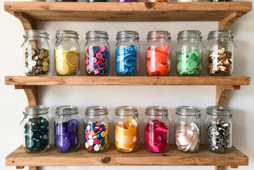 Mason jars and repurposed containers organizing craft supplies on wooden shelves