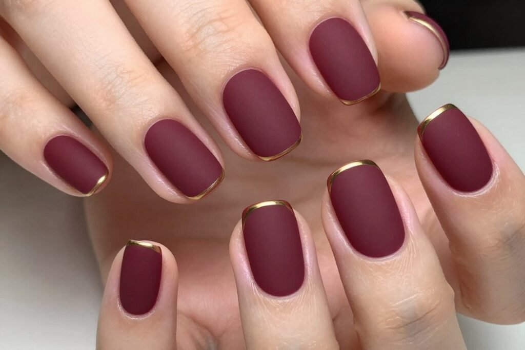 Matte burgundy nails with thin gold accent line