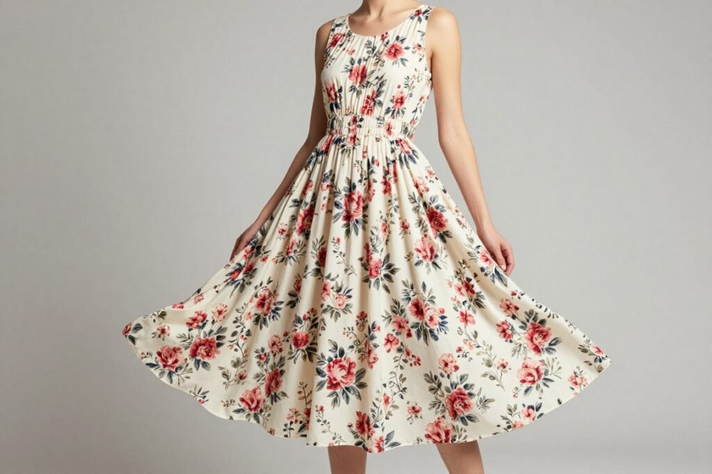 Maxi babydoll dress in floral print showing floor-length design
