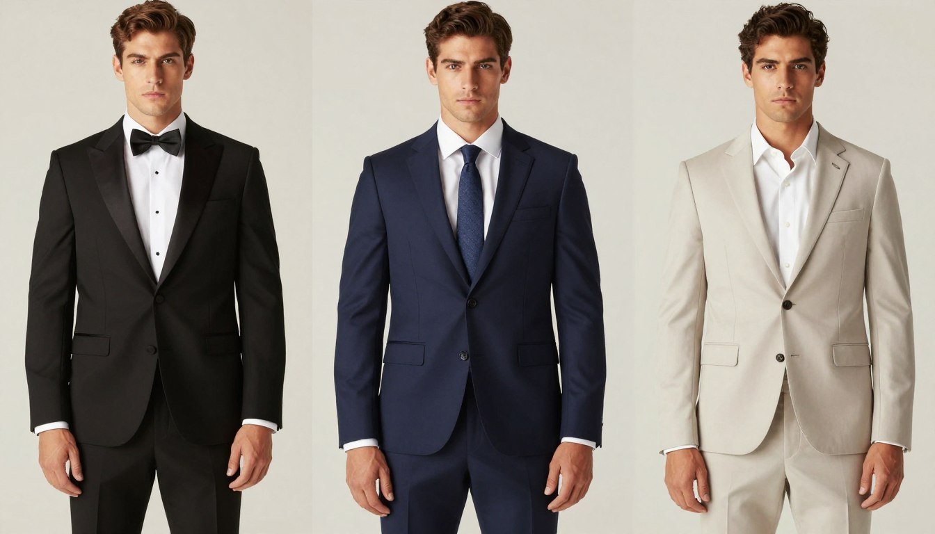 Men wedding guest outfit options for different dress codes showing formal, semi-formal, and casual attire