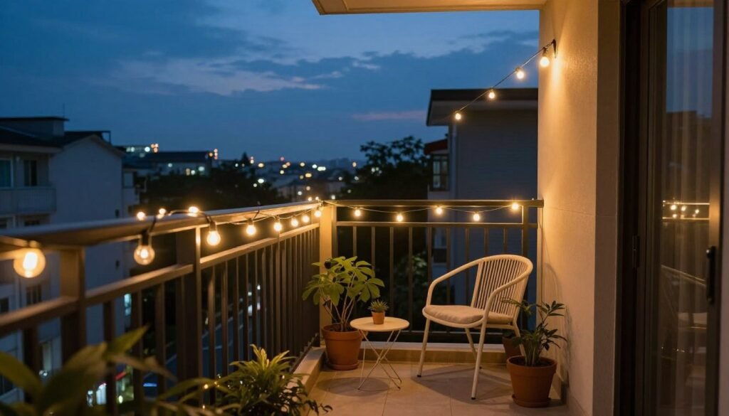 Mini balcony at dusk with string lights creating a magical atmosphere