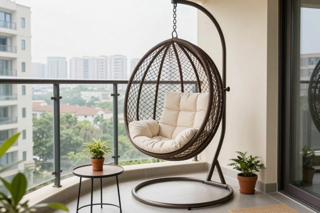 Mini balcony with a compact hanging egg chair as a focal point