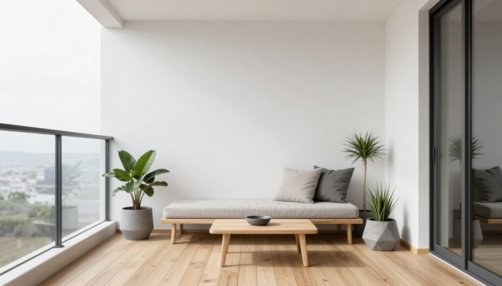 Minimalist apartment balcony with clean lines, neutral colors, and carefully selected plants