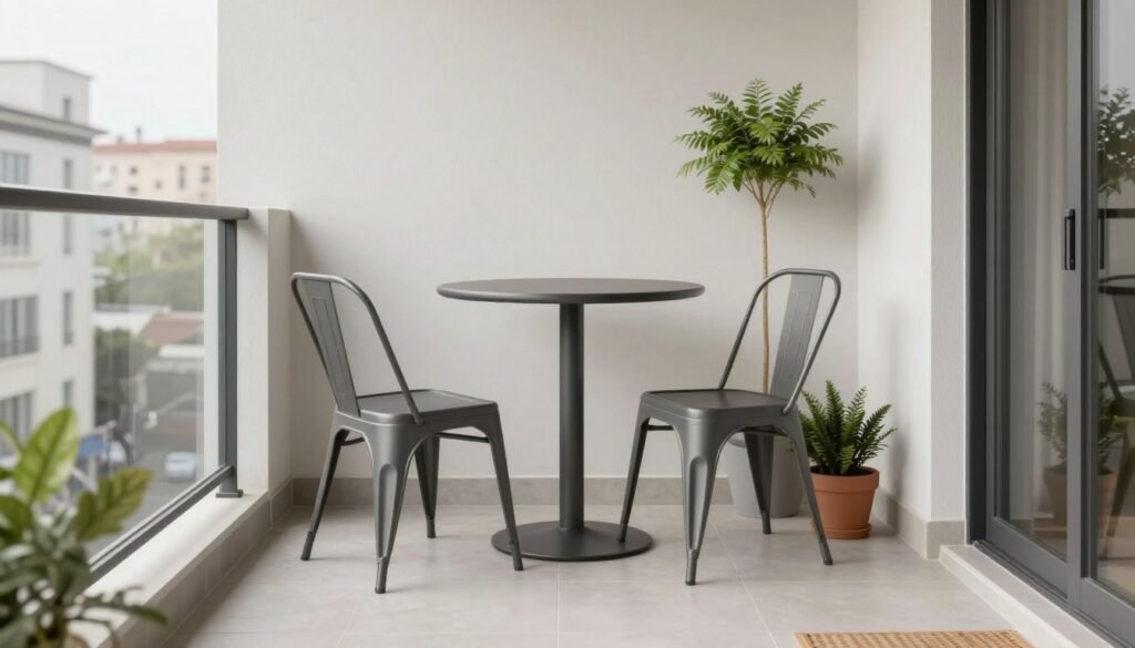Minimalist modern small balcony with sleek furniture Minimalist modern small balcony with sleek furniture