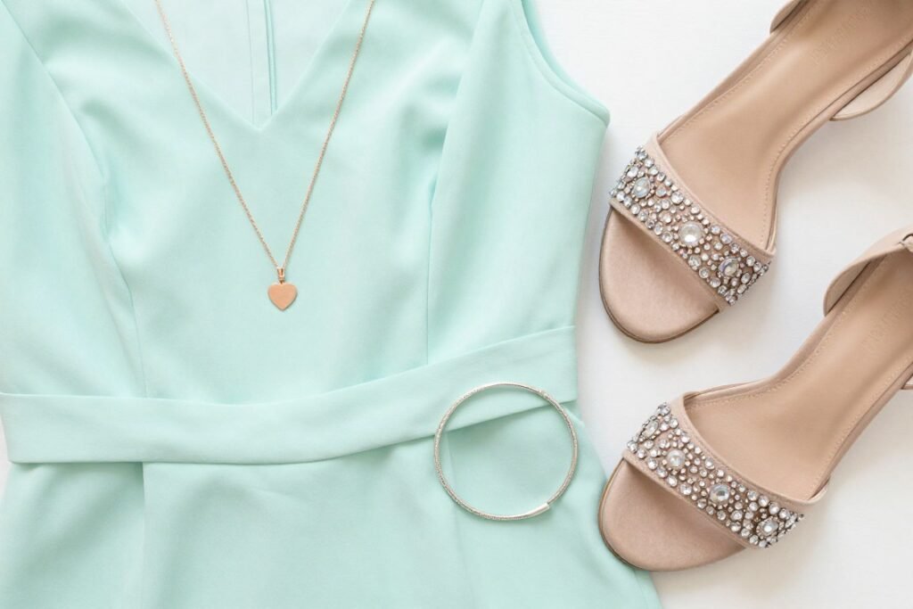 Mint green dress fabric with rose gold and silver accessories