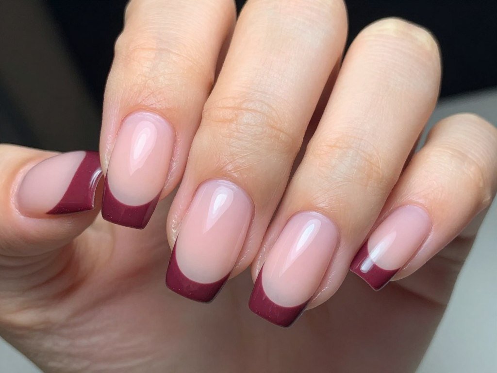 Modern French manicure with burgundy tips