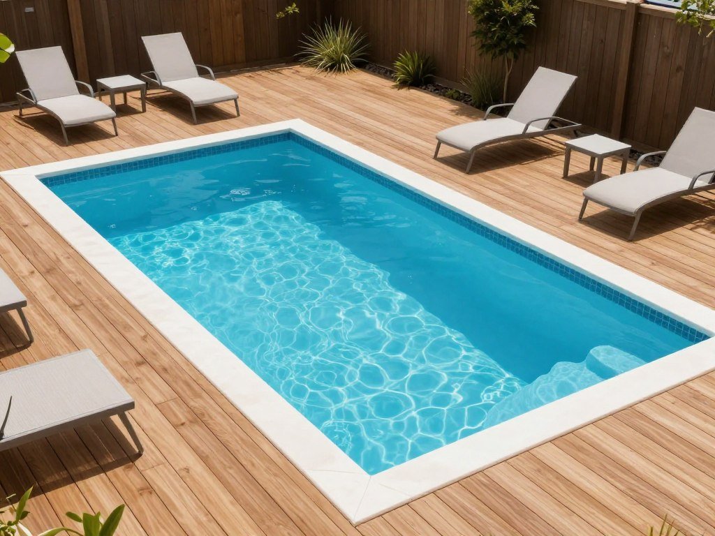Modern above-ground pool with wooden deck surround and lounge chairs on a budget